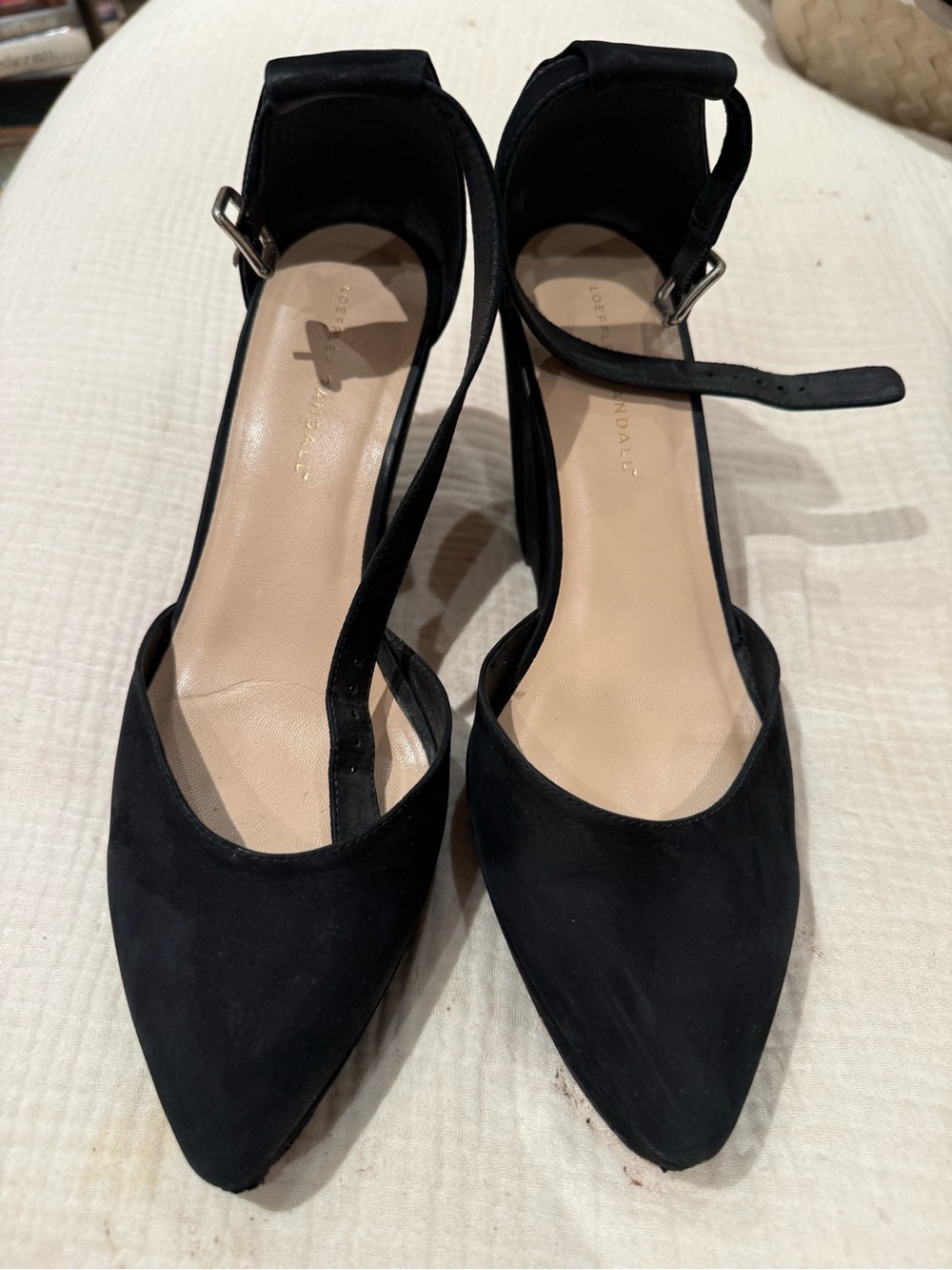 Loeffler Randall Black Suede Pointed Toe Ankle Strap Heels